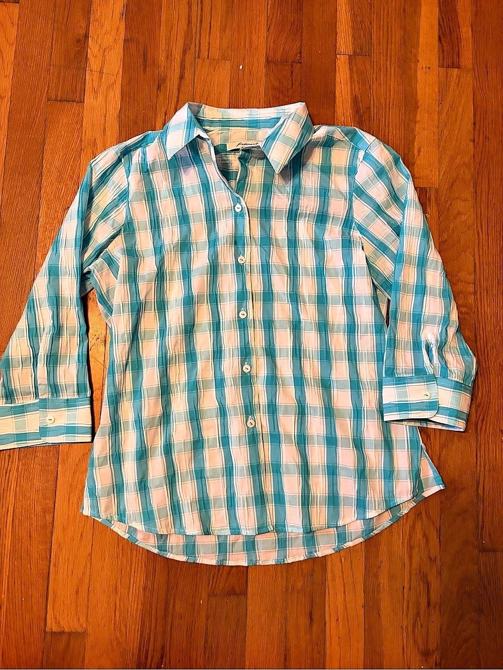 Foxcroft Plaid in Blue & white. Size 10 Foxcroft women’s long-sleeve